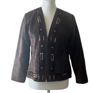 Laura Ashley Petite Brown Leather Beaded Jacket Boho Vintage PM